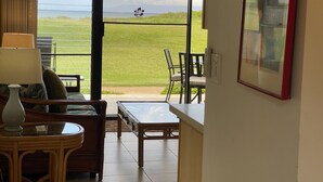 Habitació amb vista a un camp verdós i un cos d'aigua. Hi ha una taula, una cadira i un sofà amb coixins.