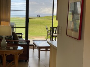 Una stanza con vista su un prato e un corpo d'acqua. Si vedono un tavolo, una sedia e un divano con cuscini.
