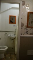 Een badkamer met toilet, wastafel en douchegordijn.