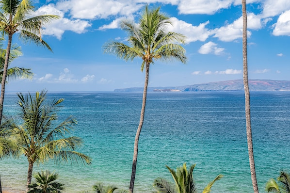 A coastal view with palm trees and a clear blue sky. - Updated Oceanview Oasis w/AC - Kamaole Nalu 502: Your Ultimate Maui Retreat! (Kihei)