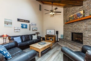 Televisie, een open haard en een dvd-speler