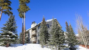 Un edificio a più piani circondato da alberi innevati.