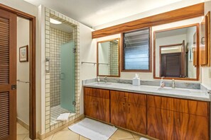Shower, hair dryer, towels