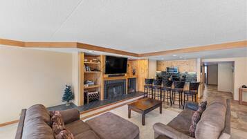 Televisión, chimenea, reproductor de DVD