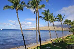 On the beach, sun-loungers, beach towels - Island Charm: Kihei Beach #305, Beachfront Condo Offers Spectacular Ocean Views! (Kihei, Maui)