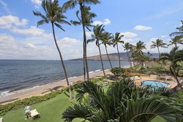 On the beach, sun-loungers, beach towels