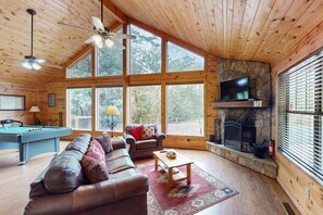 Televisie, een open haard en een dvd-speler