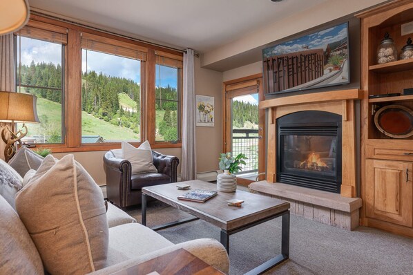 Smart TV, fireplace, DVD player