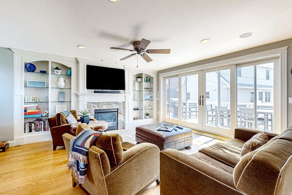 TV, fireplace, books