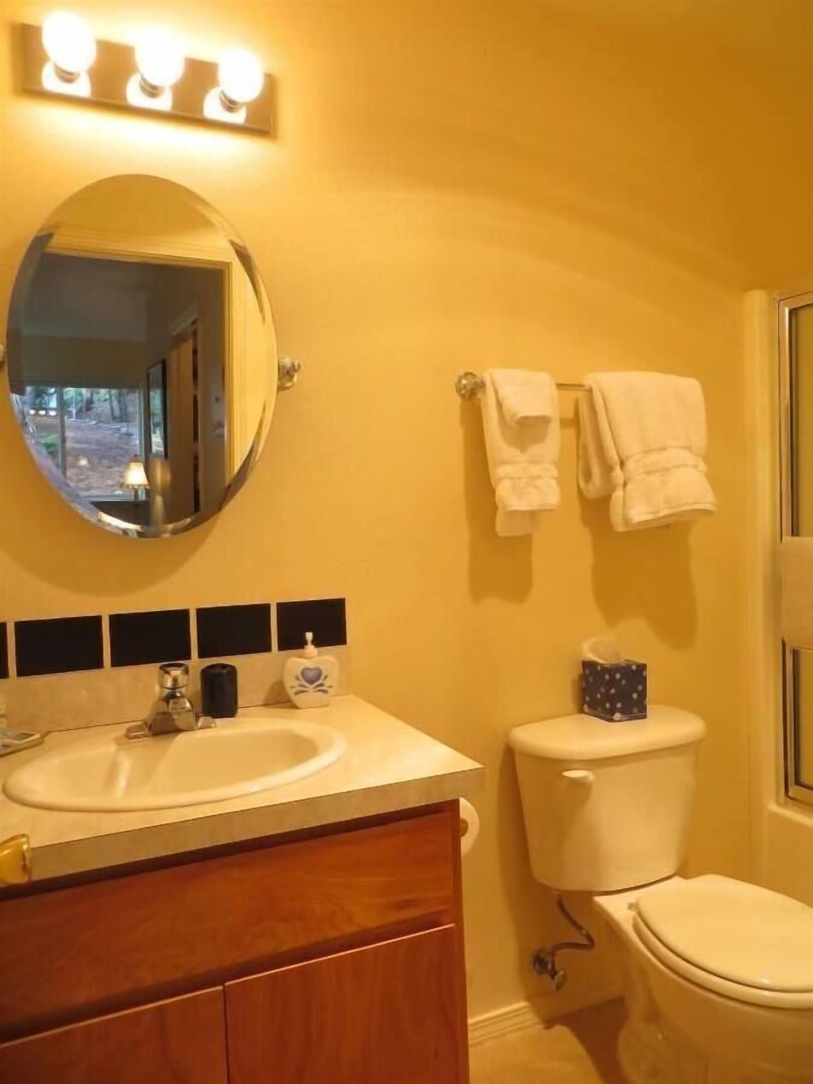 Une salle de bain équipée d’un lavabo, d’un miroir, de toilettes et de serviettes.