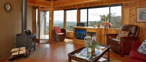 Televisión, chimenea, reproductor de DVD y tenis de mesa