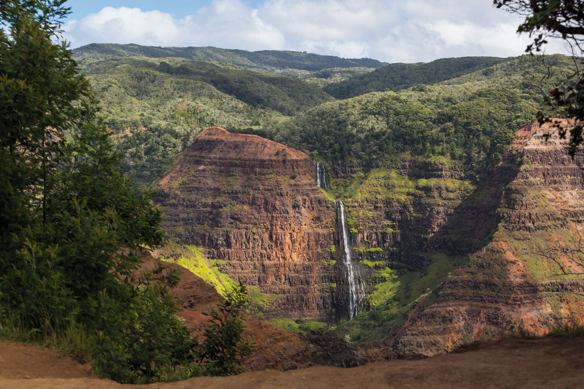 A mountainous landscape with a waterfall.