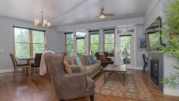 Smart TV, fireplace, DVD player, stereo