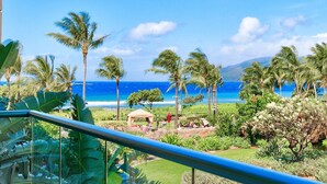 A tropical resort with a view of the ocean, palm trees, and a gazebo.