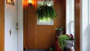 A hallway with wooden walls, a colorful rug, a hanging plant, and a window with a view.