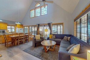 TV, fireplace, books