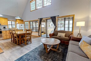 TV, fireplace, books