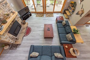 Smart TV, fireplace, DVD player, foosball