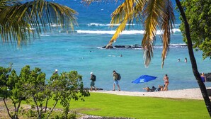 A beach with clear blue water, palm trees, and people enjoying the sun and sea.