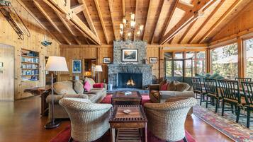 TV, fireplace, books, stereo