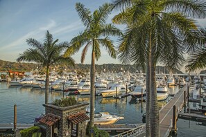 A marina with numerous boats docked, surrounded by palm trees and a stone building with a tiled roof.