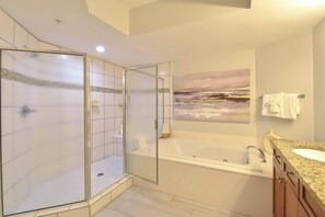 Shower, jetted tub, hair dryer, towels