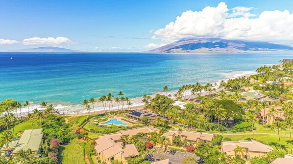 A coastal resort with beachfront villas, a swimming pool, and lush greenery.