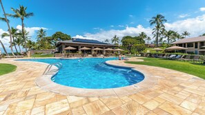 A swimming pool with a tiled deck, surrounded by palm trees and lounge chairs.
