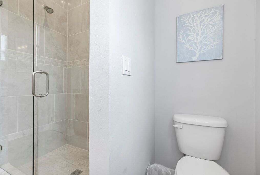 A bathroom with a glass shower enclosure, a white toilet, and a wall-mounted light switch.