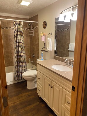 Combined shower/bathtub, hair dryer, towels, soap