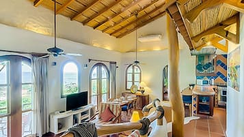 Flat-screen TV, DVD player, books