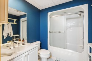 Hair dryer, towels, soap, shampoo
