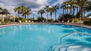 Une piscine aux eaux cristallines, entourée de chaises longues et de palmiers.