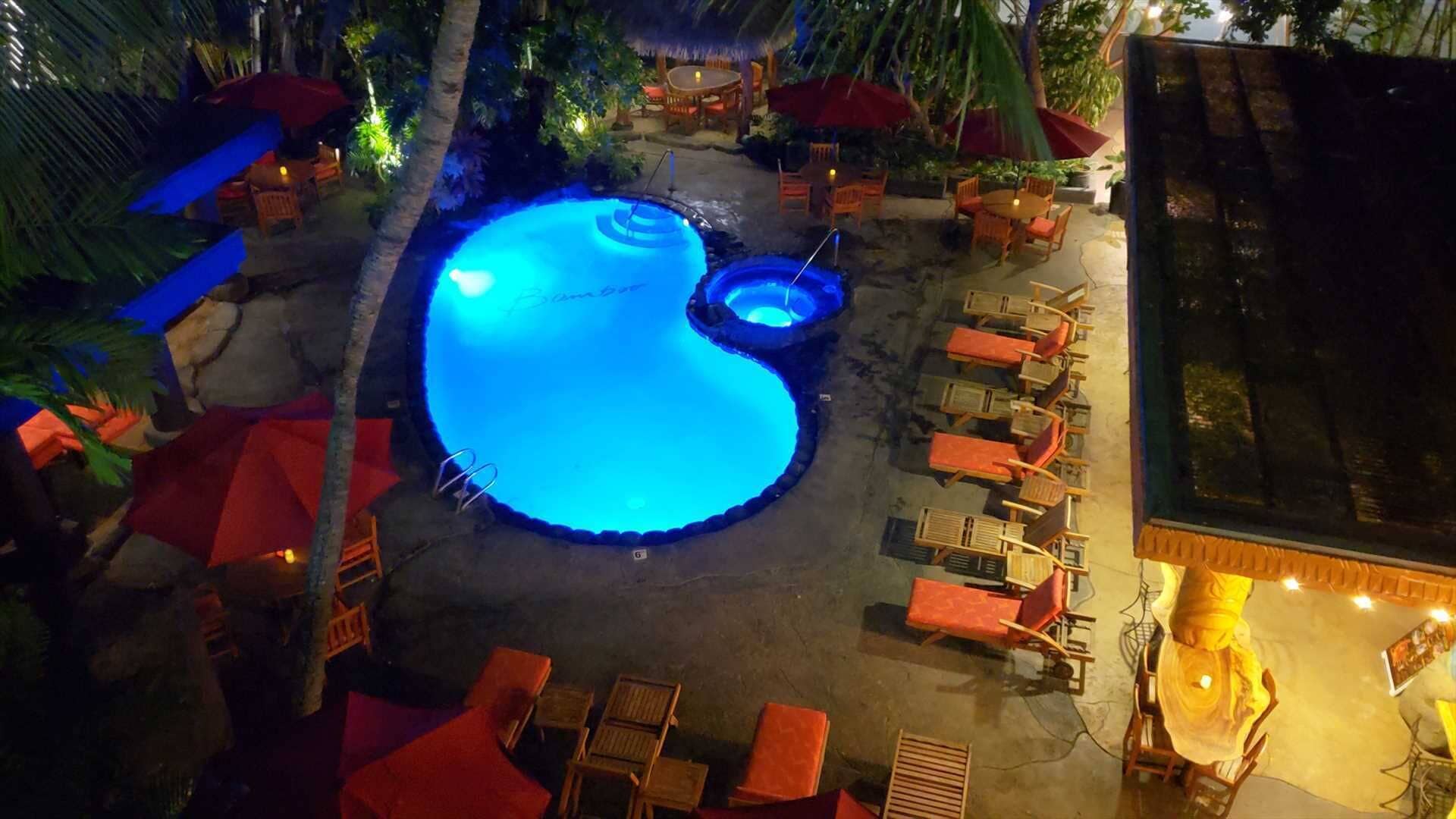 Uma área de piscina com espreguiçadeiras e guarda-sóis, cercada por palmeiras e uma parede de pedra.