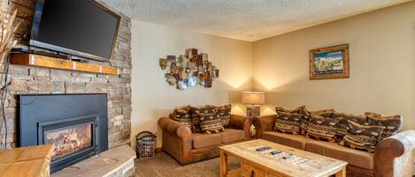 Télévision, cheminée, lecteur de DVD