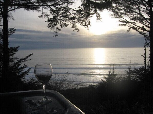 A glass of wine on a table with a view of the ocean and trees.
