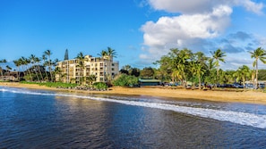 Un hôtel en bord de mer, avec plusieurs étages, une plage de sable et des palmiers.