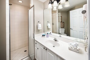 Separate bathtub and shower, hair dryer, towels, toilet paper