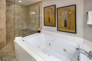 Separate tub and shower, hair dryer, towels