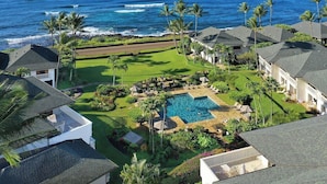 Ein Resort mit Swimmingpool, Palmen und Meerblick.