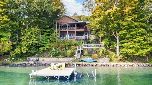 Crooked Lake Lodge: A Lakefront Adirondack Style Home w/ Hot Tub