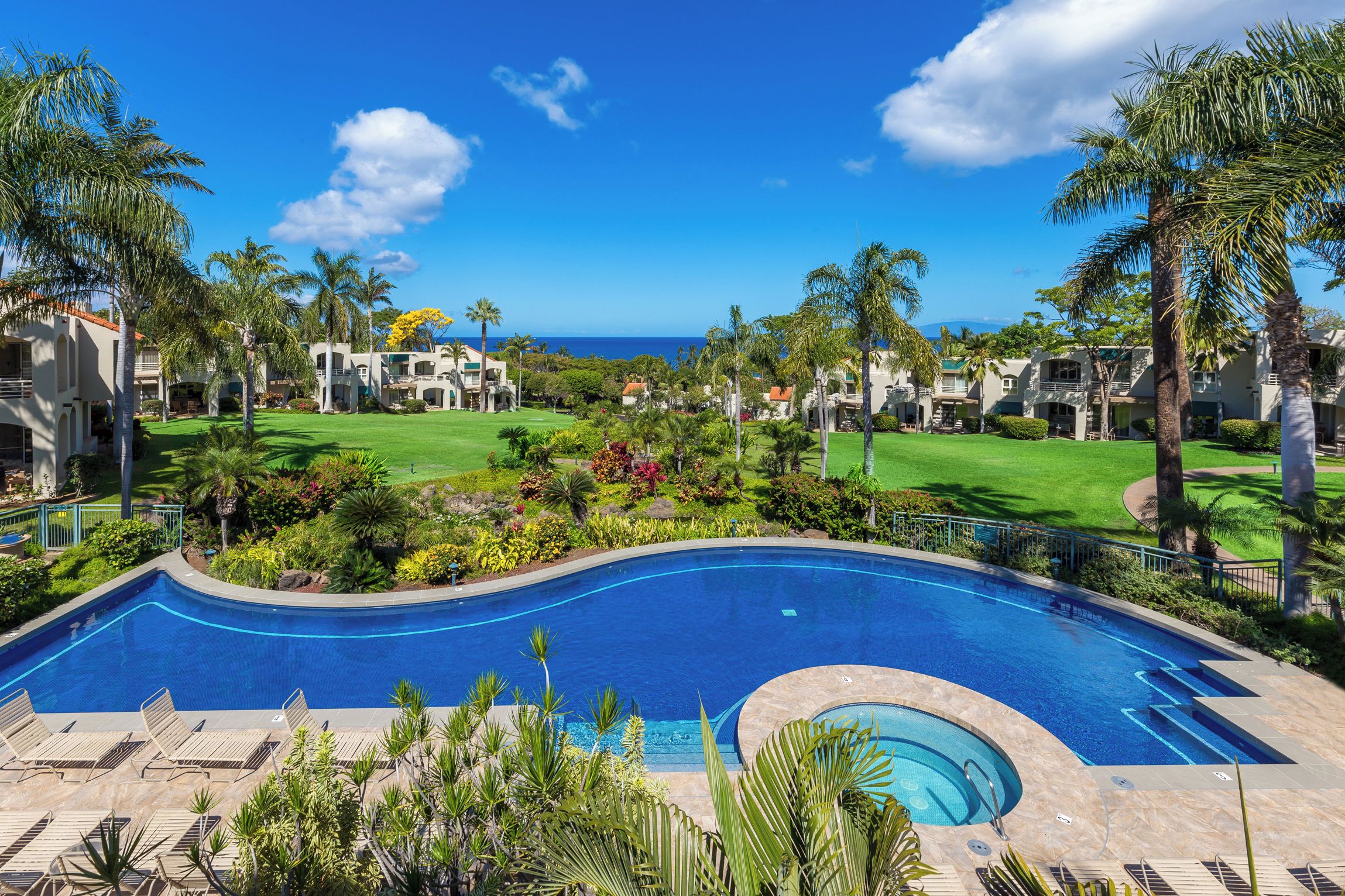 A resort with a large swimming pool, palm trees, and a view of the ocean.
