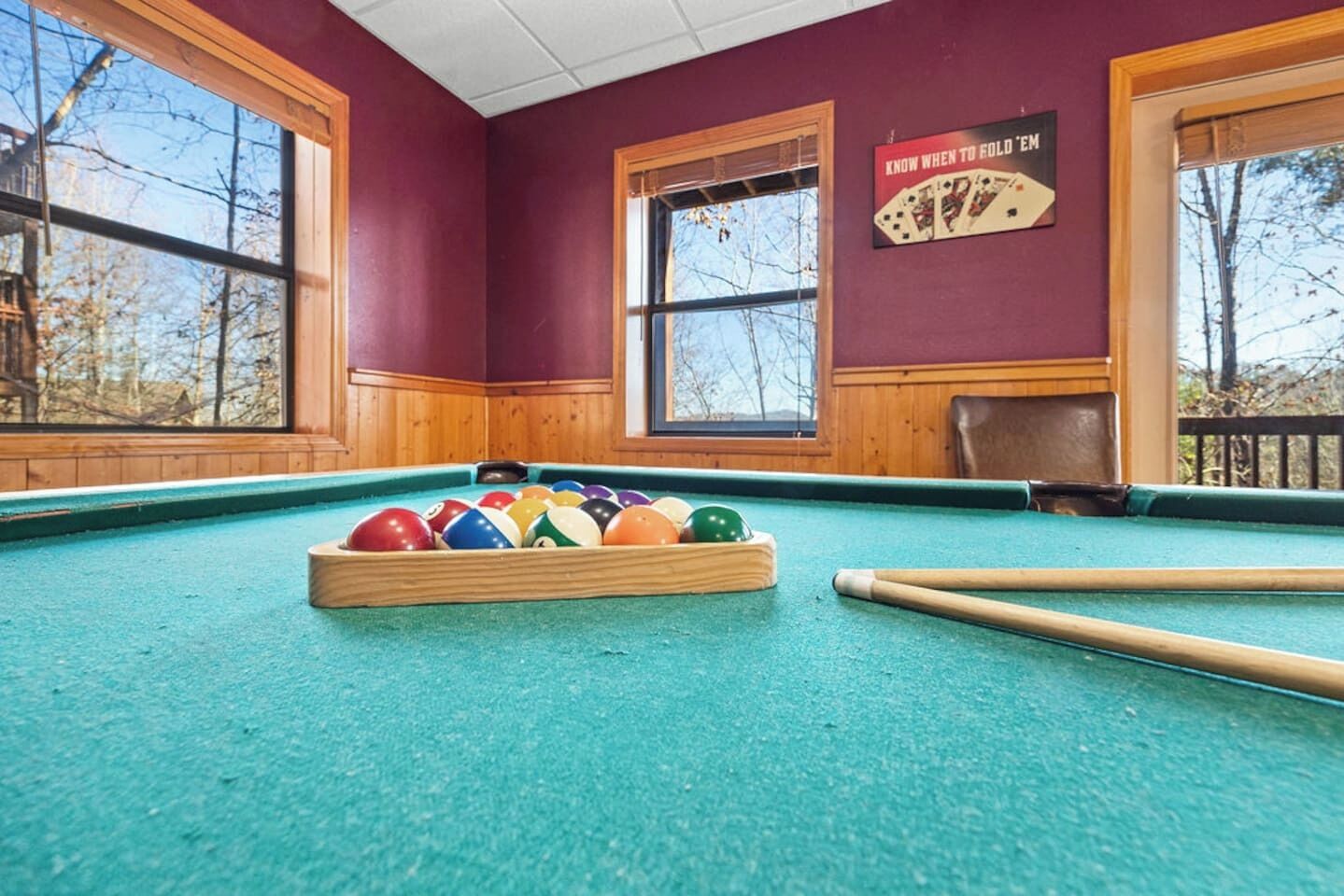 Une table de billard avec des billes et des queues, de grandes fenêtres donnant sur la forêt et un panneau accroché au mur.