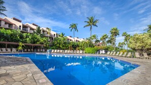 A swimming pool with a tiled edge, surrounded by lounge chairs and palm trees, with a building in the background.