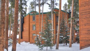 A log cabin-style building surrounded by tall pine trees in a snowy landscape. - Free SkyCard Activities - Remodeled, Close to Peak 8 - Peak 8 Village E35 (Breckenridge)