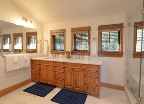 Combined shower/bathtub, hair dryer, towels