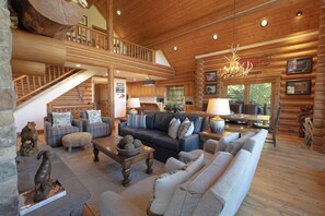 Smart TV, fireplace, books, stereo