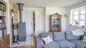 Una sala de estar acogedora con un sofá gris, una estantería, un mueble de madera y una chimenea.