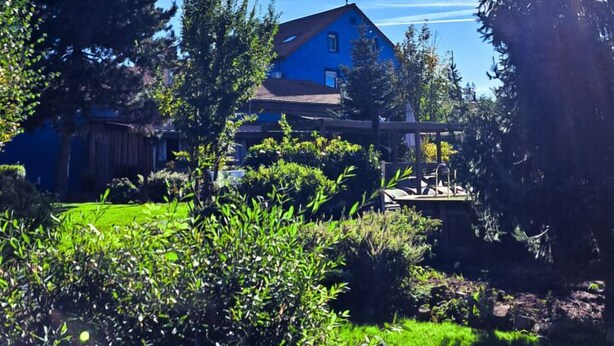 A house with a sloped roof and a visible chimney, surrounded by lush greenery and a clear blue sky. - L'usine (Belval)
