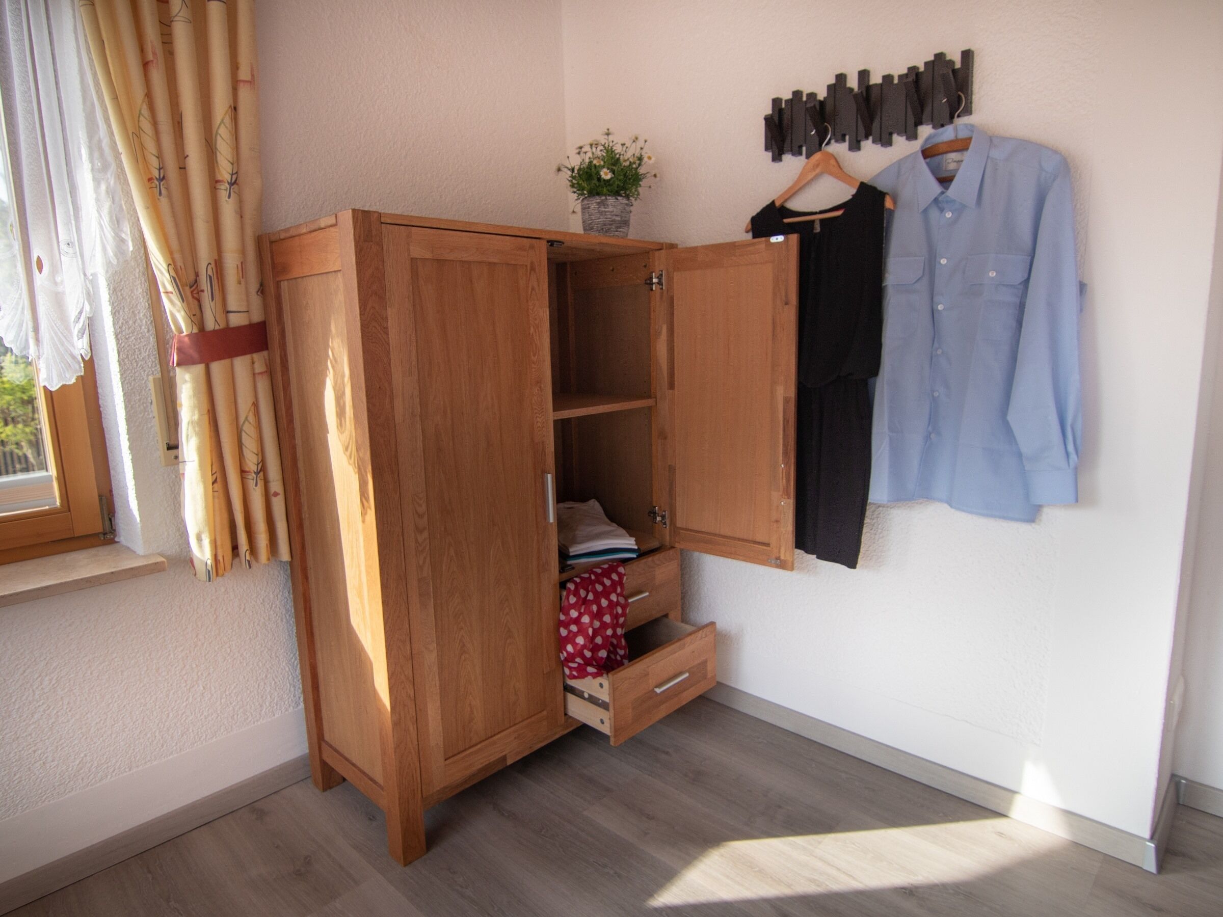 A wooden wardrobe with a shelf and a hanging space, a small plant, and a window with curtains.